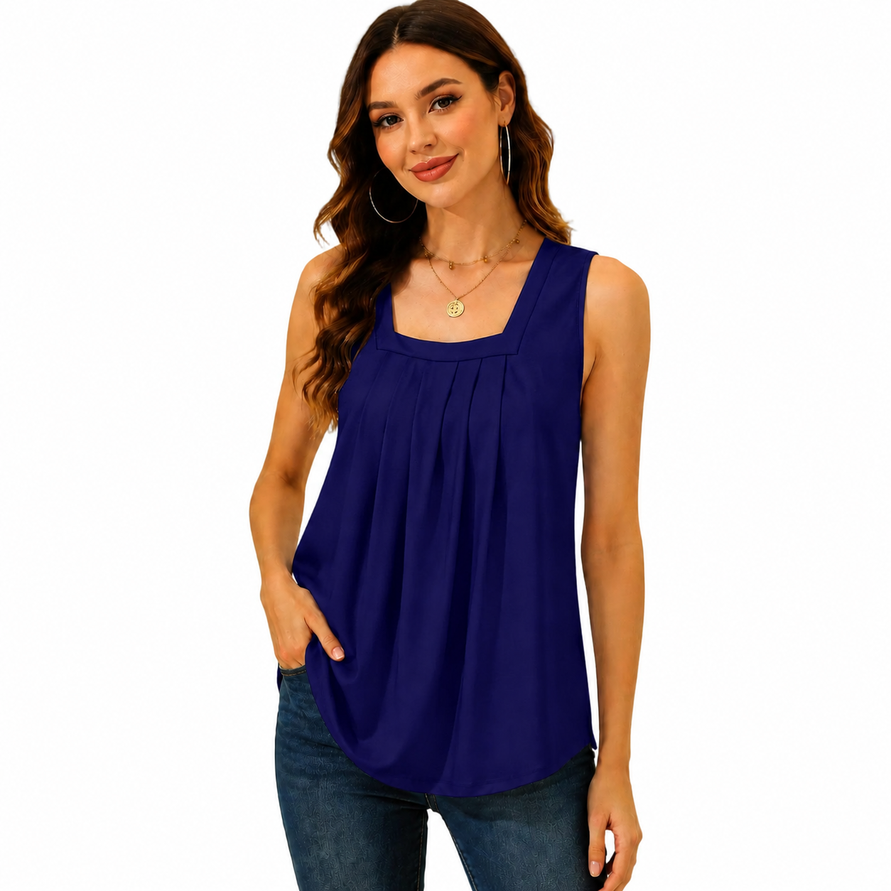Special Sale🩷Summer Tank Tops for Women Loose Fit Pleated Square Neck Sleeveless Tops Curved Hem Flowy