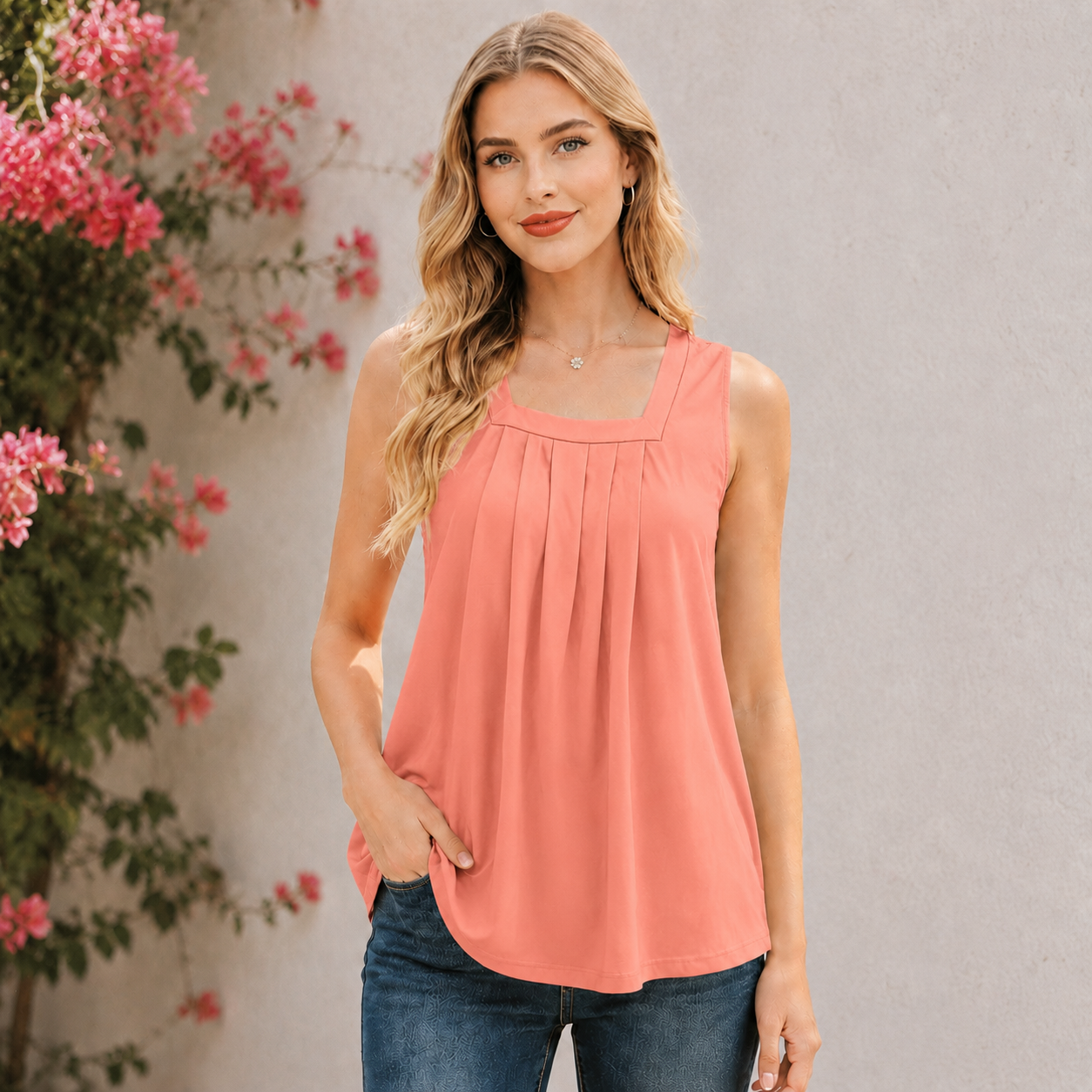 Special Sale🩷Summer Tank Tops for Women Loose Fit Pleated Square Neck Sleeveless Tops Curved Hem Flowy